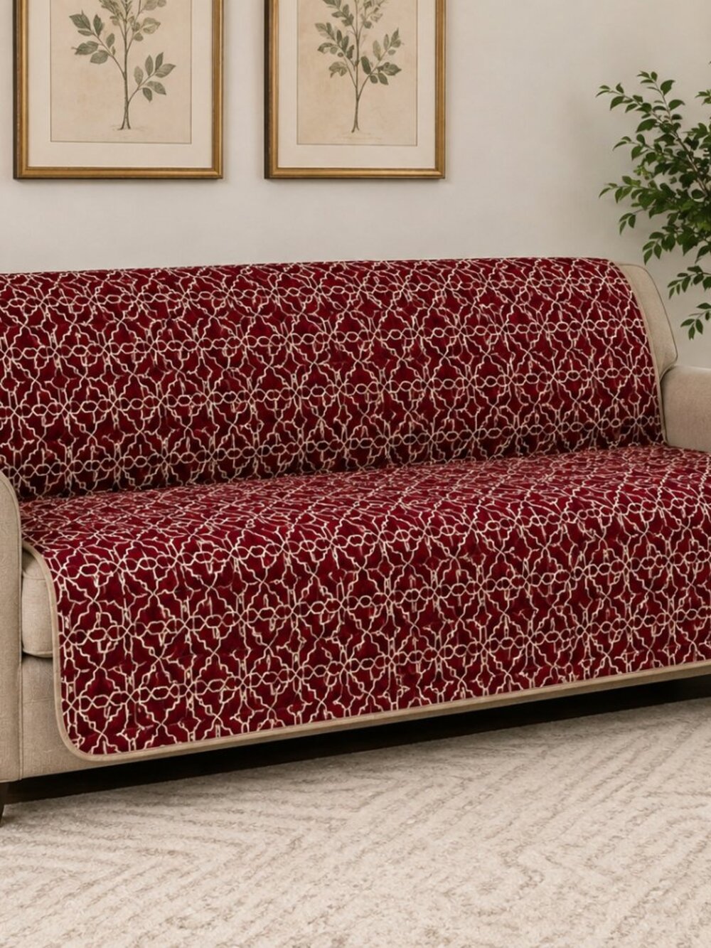 Large Reversible Quilted Couch Cover Furniture Protector Burgundy Beige 62.5x68